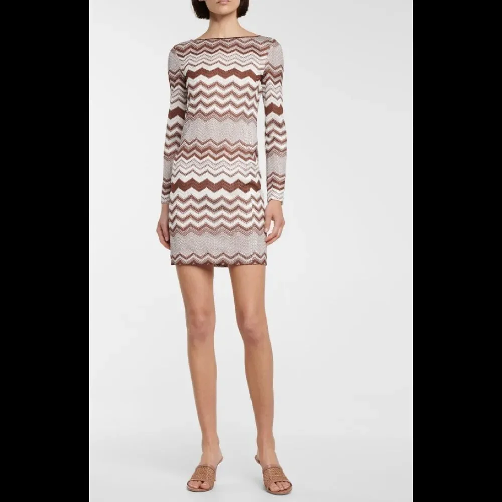 Missoni Zigzag Jacquard Long sleeves Mini Dress Brown & White SZ 10US/46EU - Picture 1 of 15